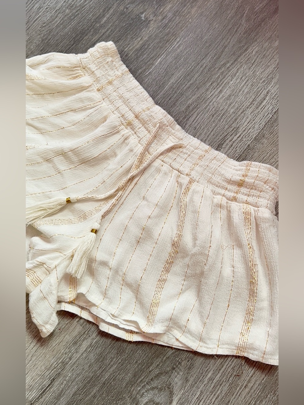AMuse Cream High-Waist Drawstring Shorts with Gold Lurex Stripes
